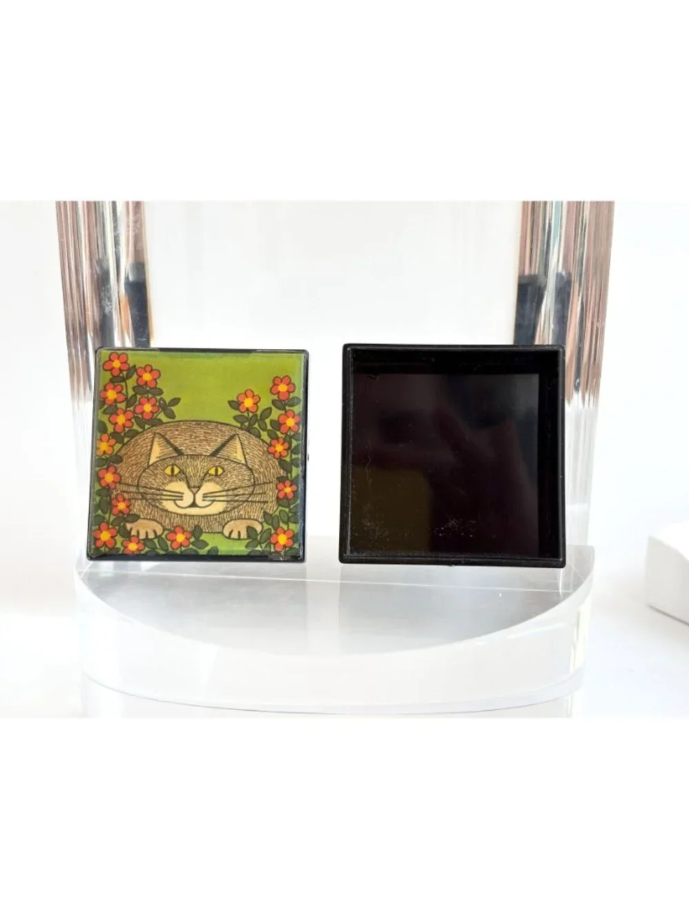 Orange Cat Floral Lacquered Square Wood Floral Vintage Trinket Box | Jewelry Box
